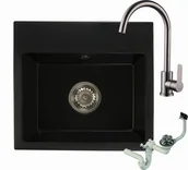 Zlewozmywaki - Brado Zlewozmywak granitowy DON czarny mat z baterią inox i syfonem doncmbatin - miniaturka - grafika 1