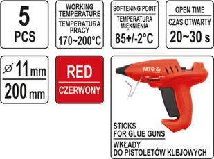 YATO KLEJ TERMOTOPLIWY 11,2x200MM 5SZT KOLOR CZERWONY YT-82434 YT-82434 - Kleje i inne preparaty budowlane - miniaturka - grafika 3