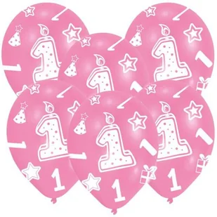 Amscan Balony lateksowe z cyfrą 1 nadruk na całej powierzchni27,5cm/11'' różowe 6 szt. INT995654 - Baby shower i roczek - miniaturka - grafika 3