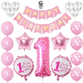 Baby shower i roczek - Zestaw balonów urodzinowych na roczek dla dziewczynki - różowy - miniaturka - grafika 1