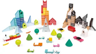 Janod Klocki drewniane z matą do zabawy Kubix 70 sztuk Miasto 3700217380809 - Klocki - miniaturka - grafika 4