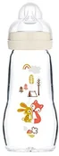 Butelki dla niemowląt - Mam Feel Good butelka dla niemowląt ze szkła (260 ml), butelka na mleko z szerokim otworem, stabilna butelka do picia dla dzieci z przyssawką rozm. 1, od urodzenia, zając/lis - miniaturka - grafika 1