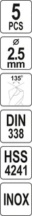 Yato WIERTŁO DO METALU HSS PREMIUM 2,5MM DO WIERCENIA W STALI INOX 5SZT YT-44207 - Wiertła - miniaturka - grafika 4