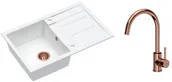Zlewozmywaki z baterią - QUADRON Quadron Zlewozmywak granitowy jednokomorowy 78 50 19,5 cm z ociekaczem MORGAN 111 biały metalik z miedzianym odpływem z baterią INGRID kolor miedziany - miniaturka - grafika 1