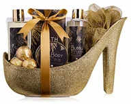 accentra Luksusowy zestaw do kąpieli, zestaw prezentowy w pięknych złotych błyszczących czółkach, 9-częściowy luksusowy zestaw do pielęgnacji, zestaw prysznicowy dla relaksującego doświadczenia w SPA