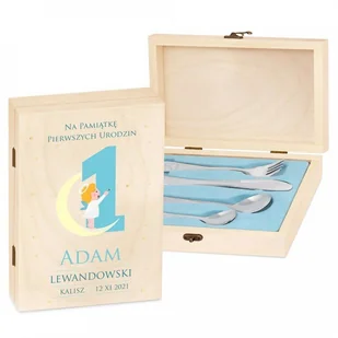 Murrano Zestaw Sztućców Dla Dzieci W Drewnianym Etui Nadruk Roczek SZT-ANIMALS_DRW-UV-009 - Baby shower i roczek - miniaturka - grafika 2