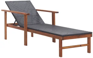 vidaXL Leżak z poduszką, polirattan i lite drewno akacjowe, czarny - Leżaki ogrodowe - miniaturka - grafika 2