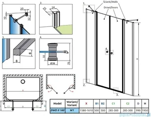 Radaway Eos DWD II drzwi prysznicowe 160 W1 przejrzyste 13799970-01-01/13799630-01-01 | - Ścianki i drzwi prysznicowe - miniaturka - grafika 2