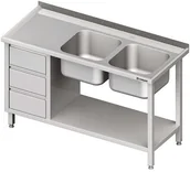 Stoły gastronomiczne - Stalgast Stół ze zlewem dwukomorowym (P) z blokiem trzech szuflad i półką 1700x6 - miniaturka - grafika 1