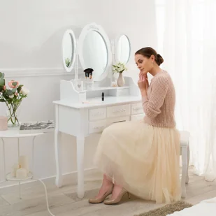 tectake Toaletka z 7 szufladami, lustrem i taboretem w antycznym stylu - biały 402074 - Toaletki - miniaturka - grafika 2