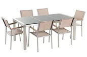 Meble ogrodowe - Beliani Meble ogrodowe stół granitowy 180 cm szary polerowany z 6 beżowymi krzesłami GROSSETO - miniaturka - grafika 1