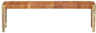 VidaXL Ławka, 150 cm, brąz, skóra naturalna i lite drewno mango 321834 VidaXL - Ławki do przedpokoju - miniaturka - grafika 2