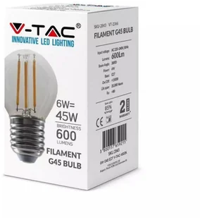 V-TAC Żarówka LED 6W Filament E27 Kulka G45 Przeźroczysta VT-2366 4000K 600lm 3800157659215 - Żarówki LED - miniaturka - grafika 2