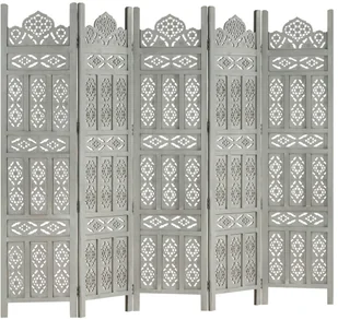 vidaXL vidaXL Parawan 5-panelowy, rzeźbiony, szary, 200x165 cm, drewno mango - Parawany - miniaturka - grafika 8
