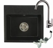 Zlewozmywaki - Brado Zlewozmywak granitowy DON czarny nakrapiany z baterią inox i syfonem doncnbatin - miniaturka - grafika 1