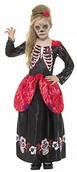 Stroje karnawałowe - Smiffys smiffy kroki  dziewcząt Deluxe dzień Zmarłych kostium dla dzieci, sukienka i opaska na włosy, czarna, s, czarny 45188S - miniaturka - grafika 1