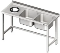 Stoły gastronomiczne - Stalgast Stół ze zlewem dwukomorowym (P) i otworem na odpadki (L) 1500x600x850 m - miniaturka - grafika 1