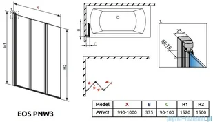 Radaway Eos PNW3 Parawan nawannowy 100 przejrzyste 1205301-101 | - Parawany nawannowe - miniaturka - grafika 2