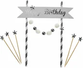 Dekoracje i nakrycia stołu na imprezę - AR Topper na tort Happy Birthday ze srebrnymi pomponikami - 6 szt. K7690SRE - miniaturka - grafika 1