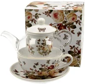 Dzbanki i imbryki - Duo Dzbanek Do Herbaty I Kawy Szklany Z Filiżanką I Spodkiem Romantic Zahra Biały 0,22 L - miniaturka - grafika 1