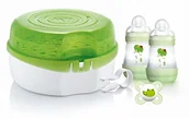Podgrzewacze butelek i sterylizatory - MAM Kuchenka mikrofalowa sterylizator pary, w zestawie 2 x samo-sterylizujące antykolkowe butelki dla niemowląt i smoczek dla niemowląt, sterylizator do butelek dla niemowląt - miniaturka - grafika 1