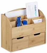 Kosmetyczki, organizery i kuferki - Relaxdays Relaxdays Organizer na biurko z bambusa, półka na listy, 6 półek, 2 szuflady, naturalny rysunek słojów, wys. x szer. x gł.: 28 x 33 x 13,5 cm, naturalny 10020336 - miniaturka - grafika 1