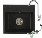 Zlewozmywaki - Brado Zlewozmywak granitowy DON czarny nakrapiany z baterią chrom i syfonem doncnbatch - miniaturka - grafika 1