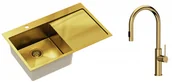 Zlewozmywaki z baterią - QUADRON Quadron Zlewozmywak stalowy jednokomorowy 78 48 20 cm z ociekaczem RUSSEL 111 kolor złoty z baterią JENNIFER Q LINE SLIM - miniaturka - grafika 1