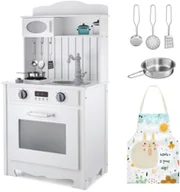 Zabawki AGD - Mamabrum Biała drewniana kuchnia z fartuszkiem, akcesoriami i lampą LED WOODEN KITCHEN 133 - miniaturka - grafika 1