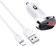 Ładowarki samochodowe - Borofone Ładowarka  Ładowarka Samochodowa 2,4A 2xUSB z Wyświetlaczem LCD + Kabel Lightning 1m Borofone BZ15 biały 6931474737670 - miniaturka - grafika 1