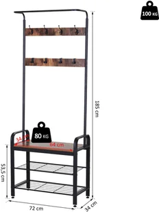 Homcom WIESZAK STOJAK NA UBRANIA SZAFA SZAFKA NA BUTY ŁAWKA 8 HAKÓW czarny 72 x 34 x 185 cm - Szafki na buty - miniaturka - grafika 2