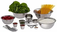 Miski i półmiski - Relaxdays zestaw kuchenny 15-częściowy, miski do mieszania, sitko do makaronu, miarka, wymiary metryczne i amerykańskie, można układać w stos, stal nierdzewna, kolor srebrny - miniaturka - grafika 1