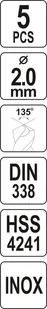 Yato WIERTŁO DO METALU HSS PREMIUM 2,0MM DO WIERCENIA W STALI INOX 5SZT YT-44204 - Wiertła - miniaturka - grafika 4