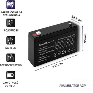 Qoltec Qoltec Akumulator AGM 6V 7.2Ah 53072 - Baterie do zasilaczy awaryjnych UPS - miniaturka - grafika 3