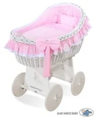 Łóżeczka i kojce - My Sweet Baby Kosz Mojżesza z budką wiklinową Carina biały + różowa pościel - miniaturka - grafika 1