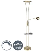 Lampy stojące - QAZQA Lampa podłogowa mosiądz ramię do czytania LED USB - Sevilla - miniaturka - grafika 1