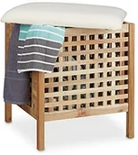 Meble łazienkowe - Relaxdays Taboret łazienkowy  orzech włoski o torba na pranie HBT: 52 x 49 x 49 cm taboret łazienkowy z poduszka siedziska z lnu i kosz na pranie 52 litrów taboret do siedzenia z miejscem do przechowyw 10020156 - miniaturka - grafika 1