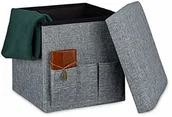 Pufy i podnóżki - Relaxdays Relaxdays składana otomańska pufa 38 x 38 x 38 cm solidne siedzenie z 3 kieszeniami bocznymi składany podnóżek stołek pudełko do przechowywania, szary, len - miniaturka - grafika 1