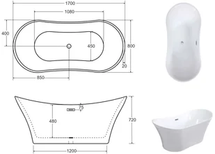 Besco Wanna wolnostojąca Amber 170x80 cm + maskownice syfonu w kolorze czarnym - Wanny - miniaturka - grafika 9