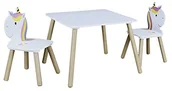 Stoliki dla dzieci - HOME DECO KIDS HOME DECO KIDS stół i 2 krzesła jednorożec Lily Dziecięca Sypialnia Meble Dekoracyjne, Drewno/MDF, Biały-Turkusowo-fioletowy, 55 x 55 x 43 - miniaturka - grafika 1
