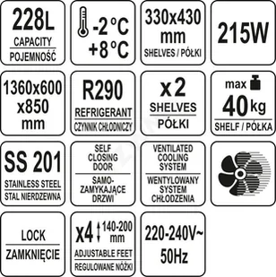 Yato STÓŁ CHŁODNICZY 228L 2 DRZWIOWY YG-05253 - Szafy i witryny chłodnicze - miniaturka - grafika 10