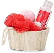 Kosmetyki do kąpieli - Römer Wellness zestaw upominkowy: Red in Balance, 4-częściowy z drewnianym koszykiem, żel pod prysznic 50 ml, 1 kula do kąpieli + 1 gąbka, zapach: różowy, 200 g - miniaturka - grafika 1