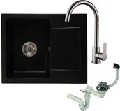 Zlewozmywaki - Brado Zlewozmywak granitowy DONZO czarny mat z baterią inox i syfonem donzocmbatin - miniaturka - grafika 1