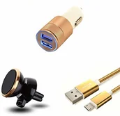 Ładowarki samochodowe - Shot Case Ładowarka samochodowa do Samsung Galaxy A10 (ładowarka micro USB + podwójny adapter do zapalniczki samochodowej + uchwyt magnetyczny, kolor złoty - miniaturka - grafika 1